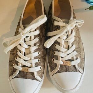 Coach Brown Tan and White Sneakers w Gold